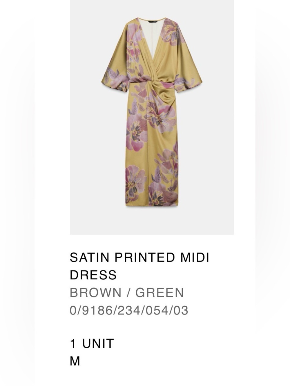 NWT Zara Satin Printed Midi Dress in Brown-Green Lilac Floral, Med